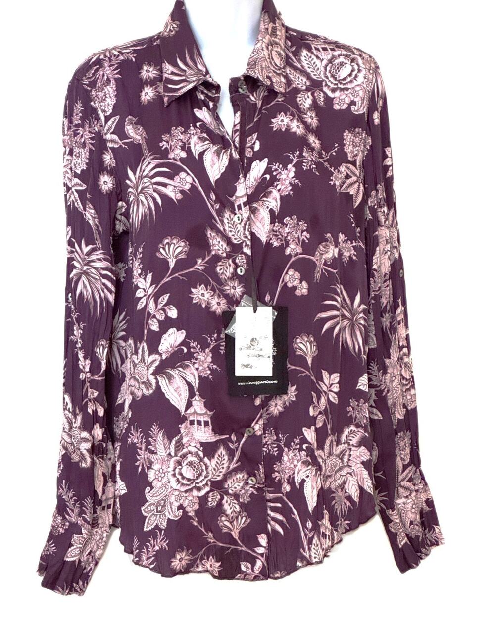 NWT Cino Crinkle Viscose Button Down Shirt Floral Chinoiserie Boho Blouse
